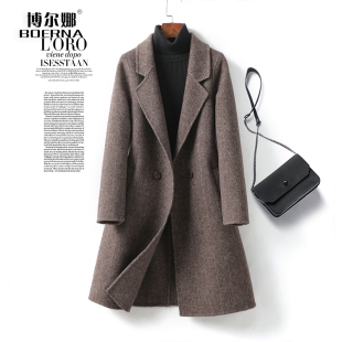 羊毛呢外套女中长款西装领修身气质人字纹秋冬新款高端双面绒大衣