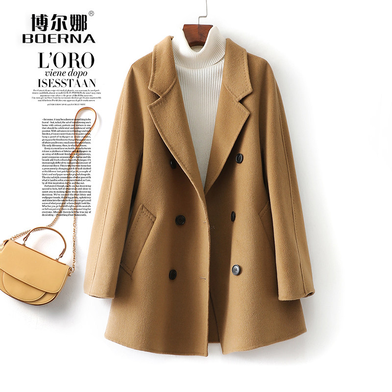 羊毛呢外套女中长款宽松韩版双排扣秋冬新款双面呢羊毛大衣小个子