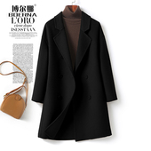 双面绒大衣女黑色中长双排扣英伦小个子2025新款 高级感羊毛呢外套