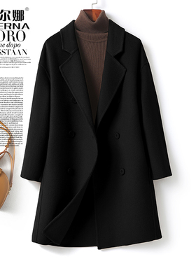 双面绒大衣女黑色中长双排扣英伦小个子2026新款高级感羊毛呢外套
