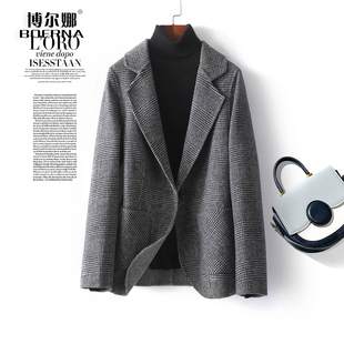 羊毛呢外套女短款一粒扣灰格修身西装式呢子秋冬新款双面羊毛大衣