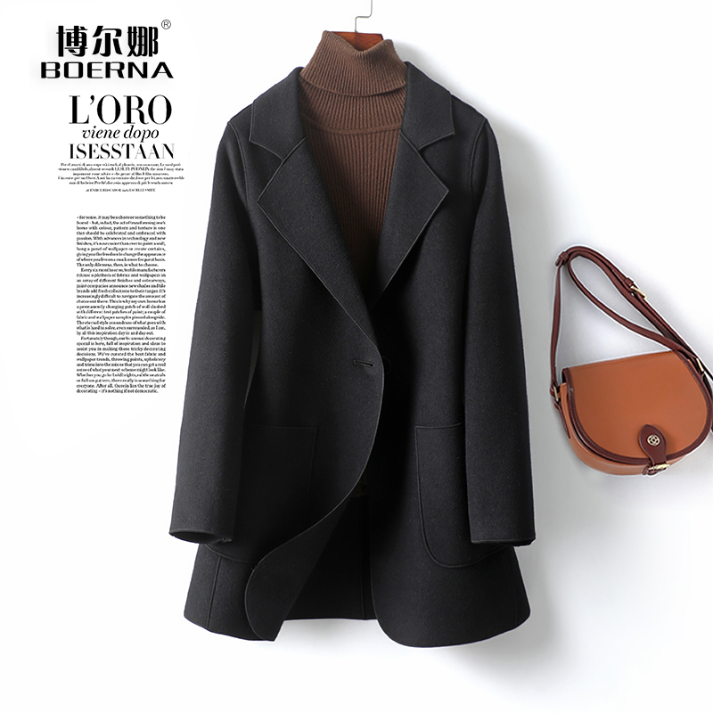 双面羊毛大衣女黑色一粒扣修身显瘦西装式呢子秋冬气质羊毛呢外套