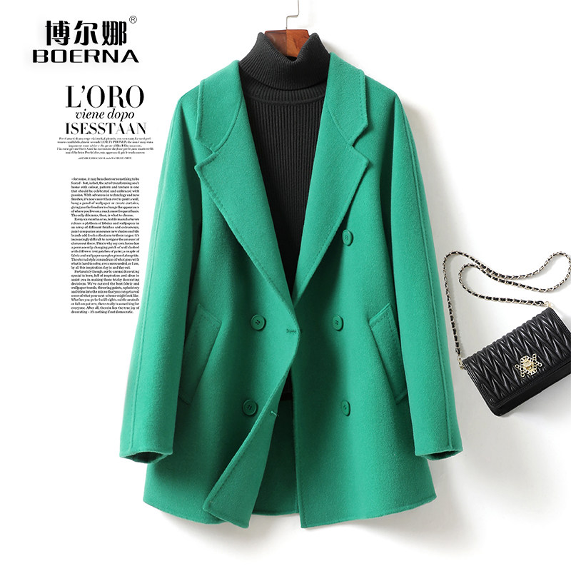 毛呢外套女中长款韩版宽松减龄双排扣春秋新款双面羊毛大衣小个子