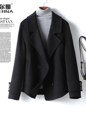 双面绒大衣女短款西装领黑色韩版春秋新款高端羊毛呢外套小个子