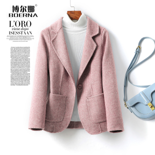 秋冬新款 双面羊毛大衣女短款 气质格子西服式 领修身 羊毛呢外套 西装