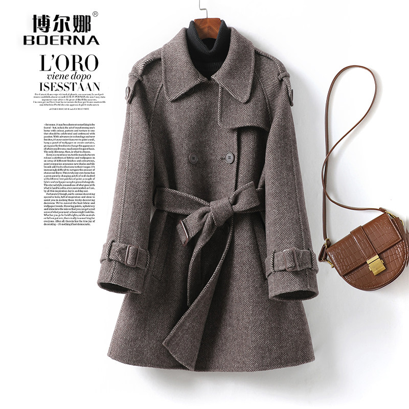 双面羊毛大衣女中长款系带人字纹秋冬新款高级感毛呢外套小个子