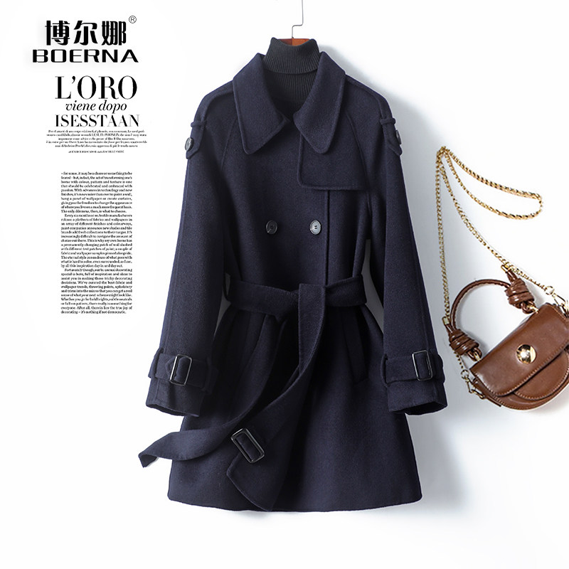 双面羊毛大衣女中长款双排扣系带纯色呢子秋冬新款高级感毛呢外套