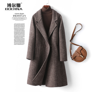 双面绒大衣女中长款西装领修身气质人字纹秋冬新款高端羊毛呢外套