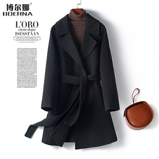 高端羊毛大衣女中长款黑色显瘦西装领系带双面呢秋冬新款毛呢外套