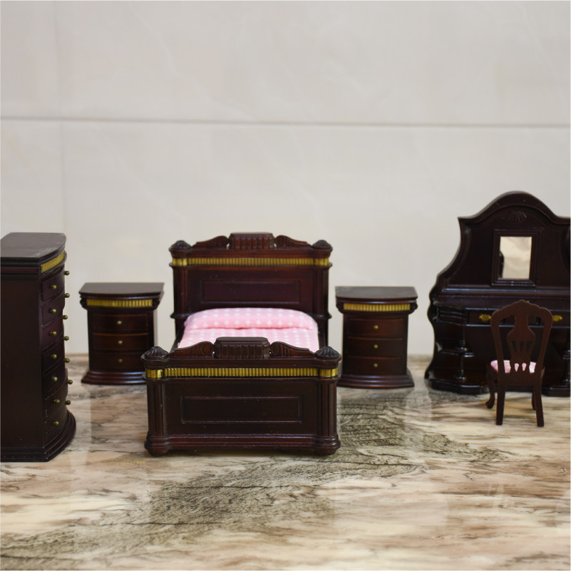 1:12dollhouse娃娃屋迷你袖珍家具模型欧式卧室套装床梳妆台摆件