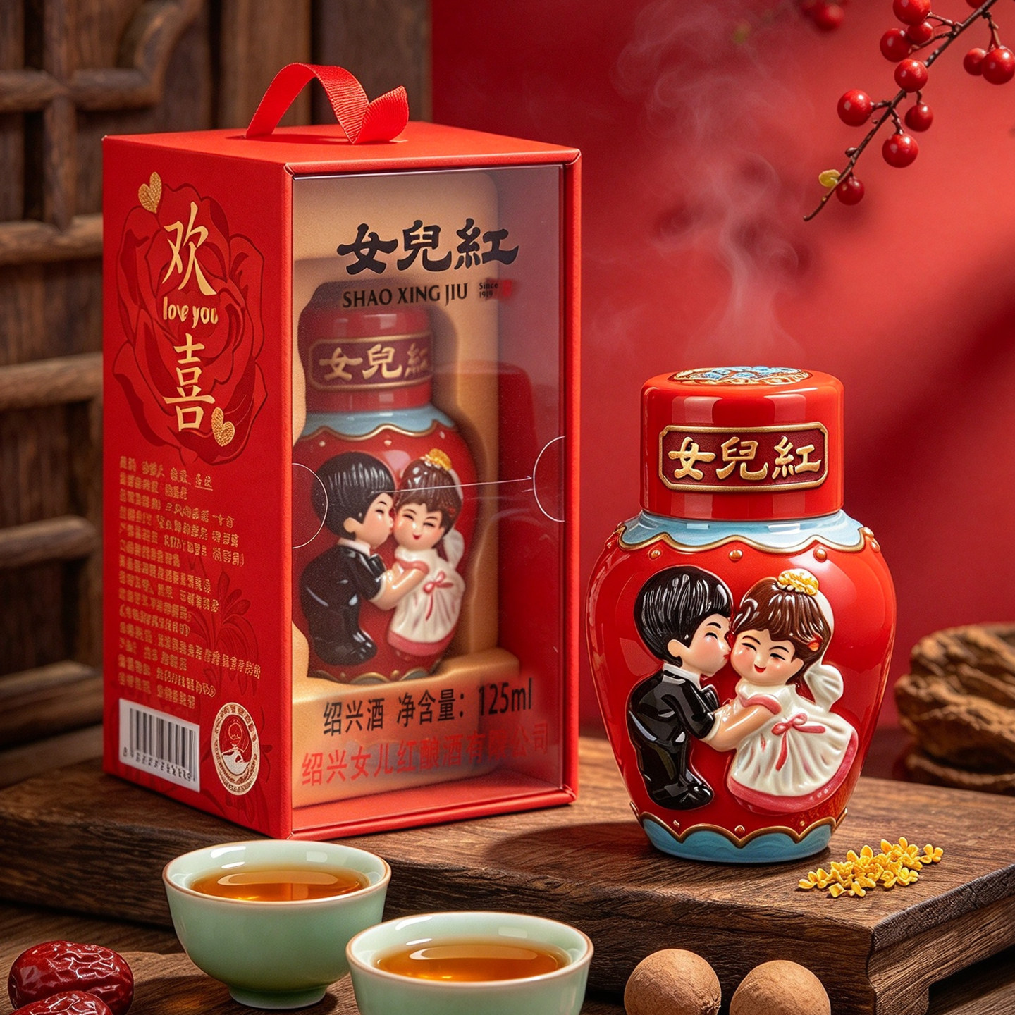 女儿红黄酒小瓶装十年陈工艺浮雕花雕酒绍兴黄酒喜庆礼盒125ml/瓶