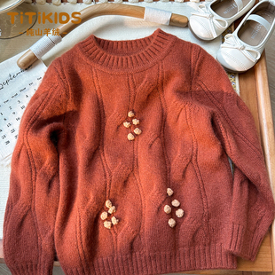 洪叶云台100%儿童纯山羊绒衫宝宝复古手工绣花三股特厚女童毛衣