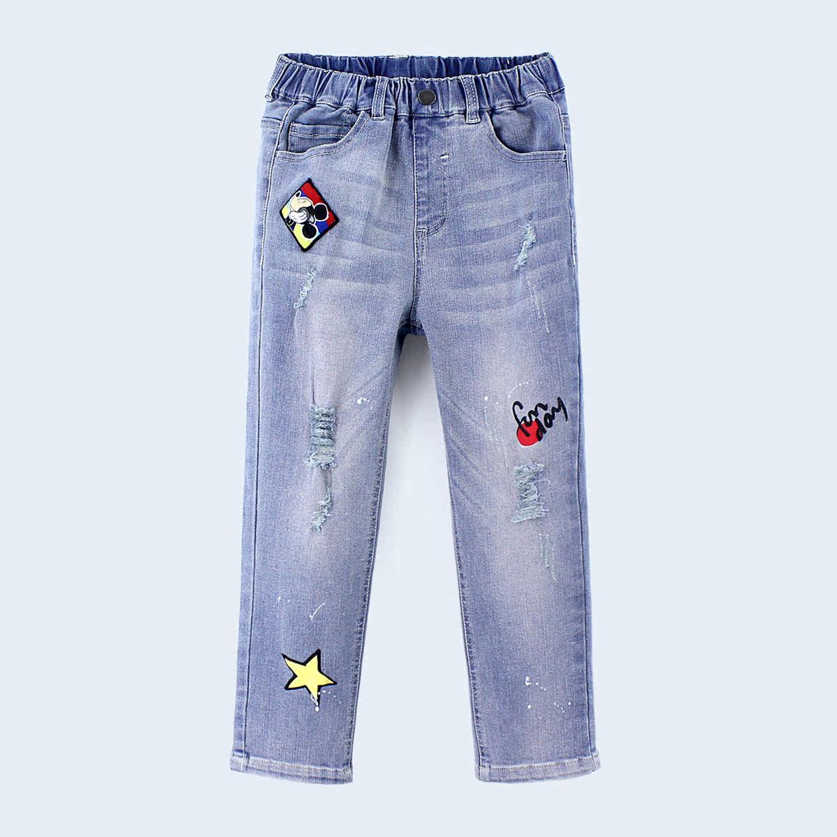 迪士尼童装男童破洞长裤米奇系列百搭潮春秋款中大童锥形裤牛仔裤