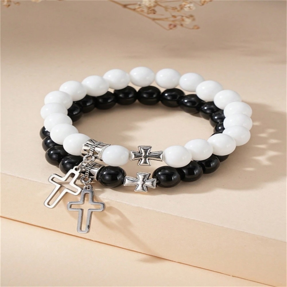 跨境不锈钢十字架男女朋友情侣手链手工玻璃串珠手串ins友谊手饰