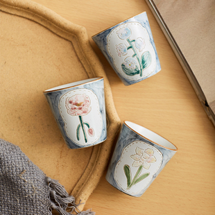 手作设计汐月堂陶瓷手握杯手工创意小茶杯子复古小清新釉下彩家用