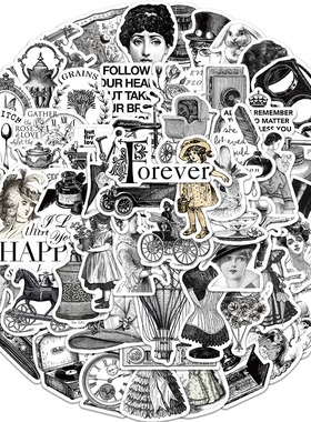 64张黑白欧美复古涂鸦贴纸装饰行李箱笔吉他记本DIY防水贴手机贴