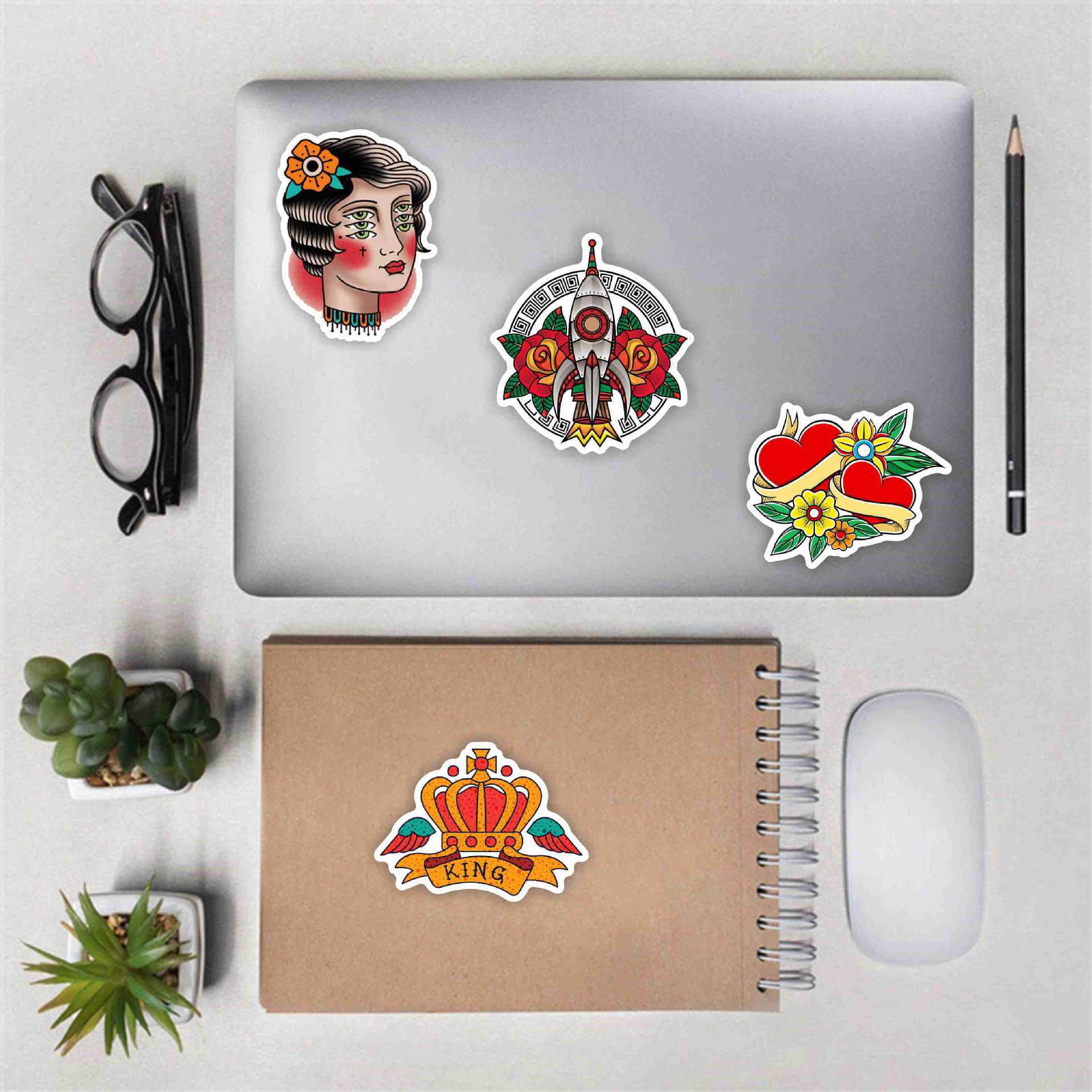 100张复古彩色守旧纹身美女贴纸行李箱手机壳文具装饰汽车sticker