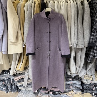 高品质紫色双面羊绒大衣女高级感撞色简约气质中长款 羊毛外套2555