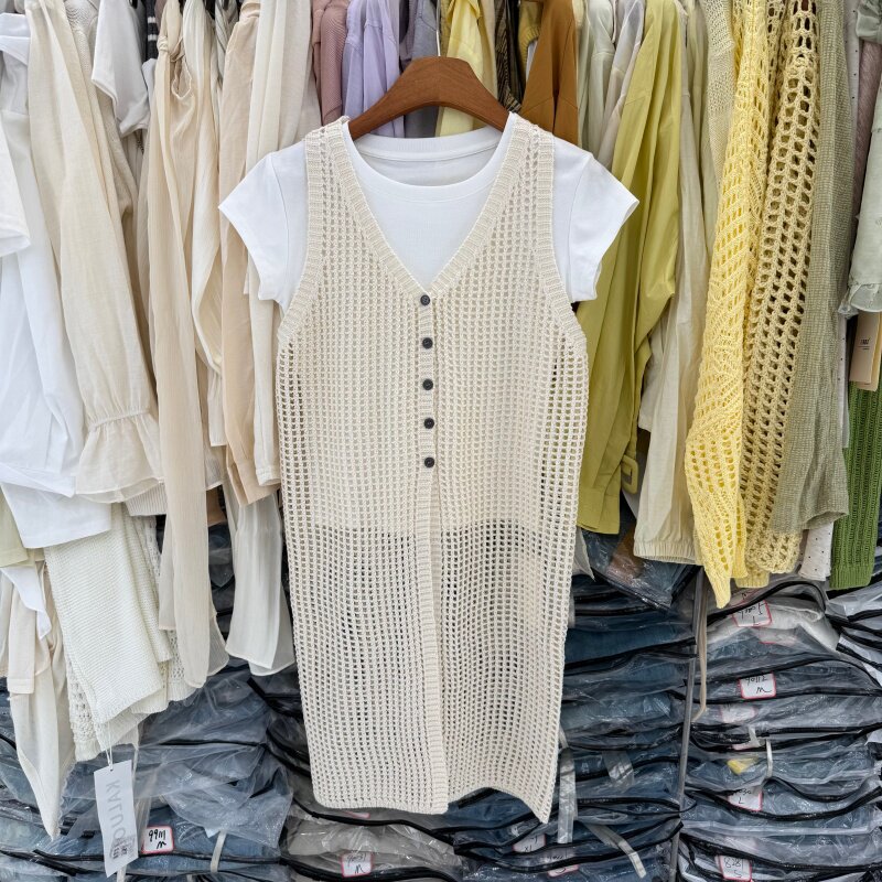 韩系叠穿两件套女V领排扣镂空中长款针织开衫+纯棉圆领短袖T恤112