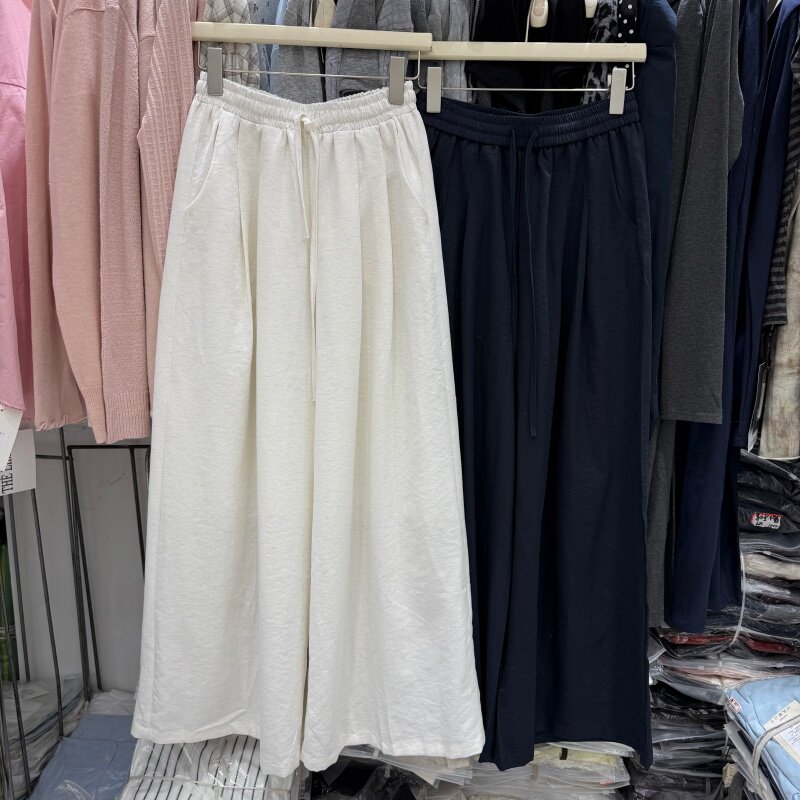 慵懒风垂感休闲裤女春夏宽松抽绳松紧腰阔腿裤直筒拖地长裤26913