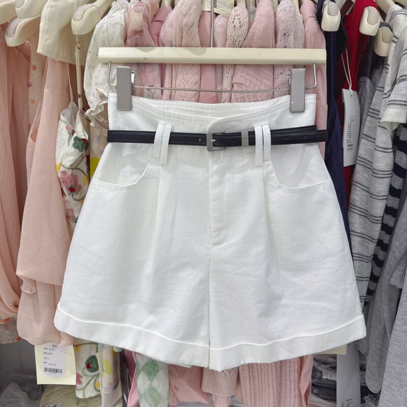 韩系气质穿搭配皮带高腰卷边休闲短裤女夏新款显瘦百搭热裤92839