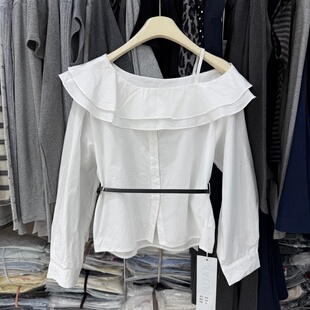 女设计感白色衬衣上衣2606 衬衫 法式 甜美气质一字领露肩荷叶边长袖