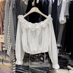 氛围感花苞一字肩衬衫女宽松休闲独特设计感短款上衣长袖衬衣9001