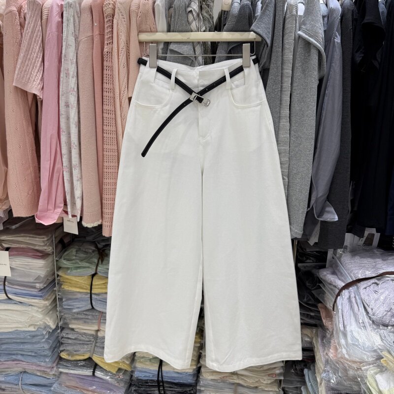 韩系简约风百搭白色阔腿休闲裤女小个子高腰廓形宽松九分裤26070