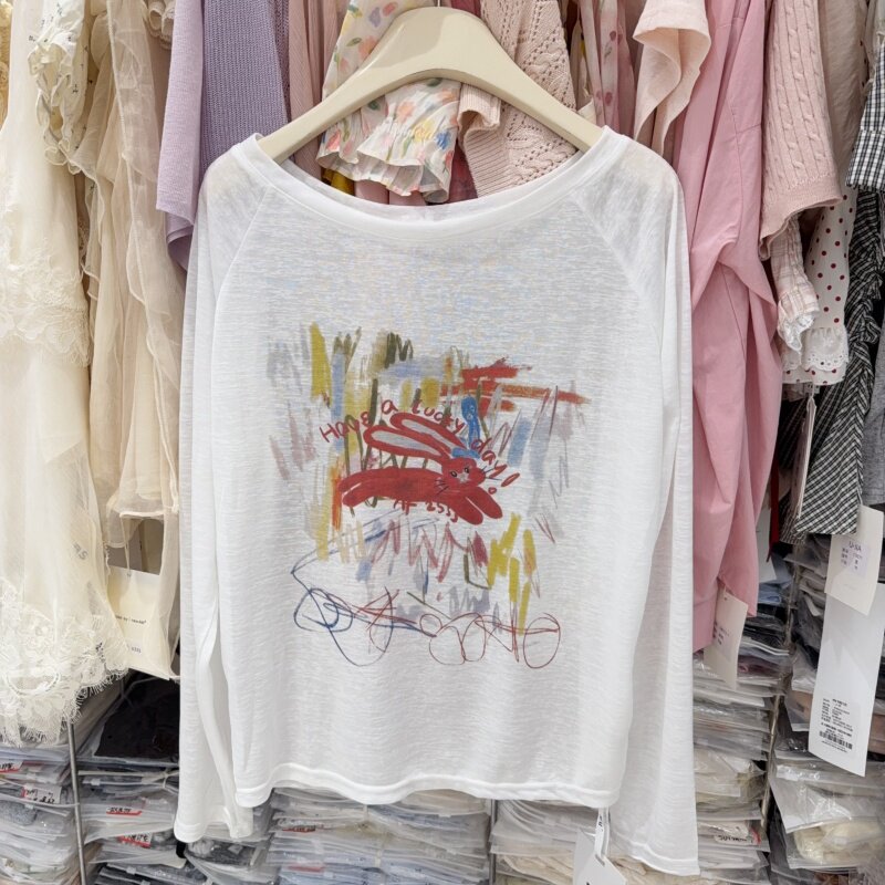 韩系卡通印花圆领长袖防晒面膜T恤女夏超薄宽松罩衫休闲上衣6279