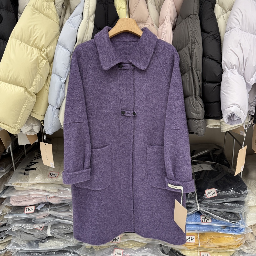 气质紫色双面羊绒大衣女小个子中长款宽松休闲秋冬羊毛呢外套8860