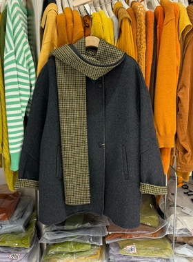 韩版秋冬氛围感小个子中长款双面羊绒大衣女拼格子毛呢外套88078