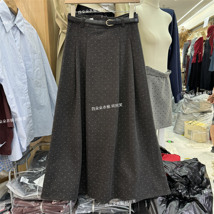 24新款呢料半身裙女韩系中长款波点裙高腰压褶遮胯A字百搭伞裙905