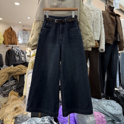 韩版小个子高腰宽松阔腿牛仔裤女加绒加厚冬季显瘦百搭长裤55503