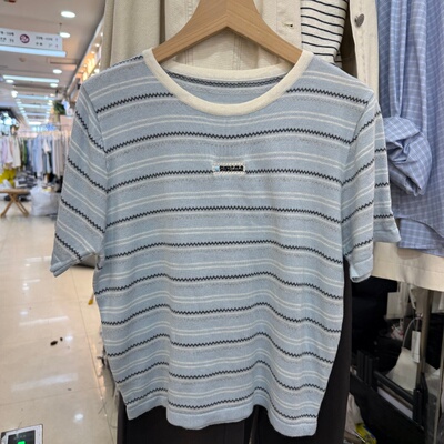 2026夏季新款撞色条纹圆领针织短袖女韩系宽松百搭显瘦上衣25819