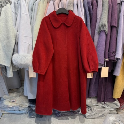 红色双面羊绒大衣女韩系气质减龄娃娃领宽松羊毛呢中长款外套2550