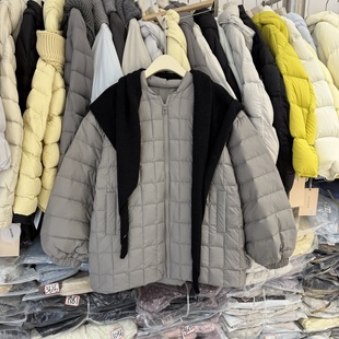 韩系无帽配针织围巾圆领中长款90白鸭绒羽绒服女宽松百搭外套9906