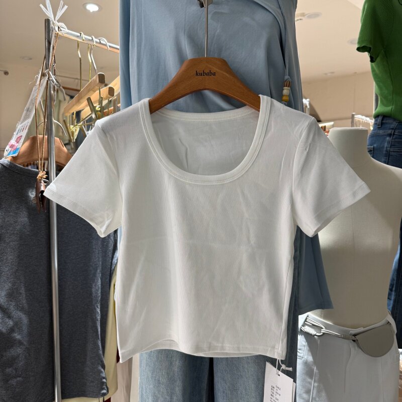 正肩U领短袖T恤女纯棉26新款纯色修身显瘦百搭短款打底衫上衣6501