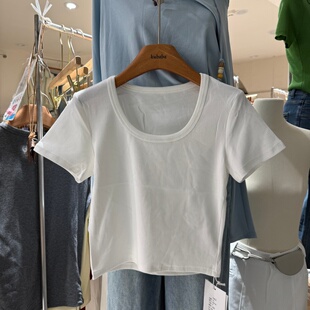 正肩U领短袖T恤女纯棉26新款纯色修身显瘦百搭短款打底衫上衣6501