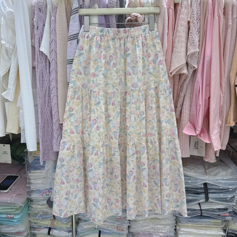 韩系碎花棉麻半身裙女小个子温柔风松紧腰显瘦气质A字中长裙88369