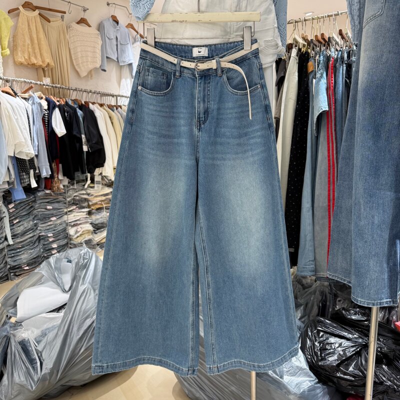 韩版A字阔腿牛仔裤女春夏薄款显瘦百搭小个子高腰宽松直筒裤99128