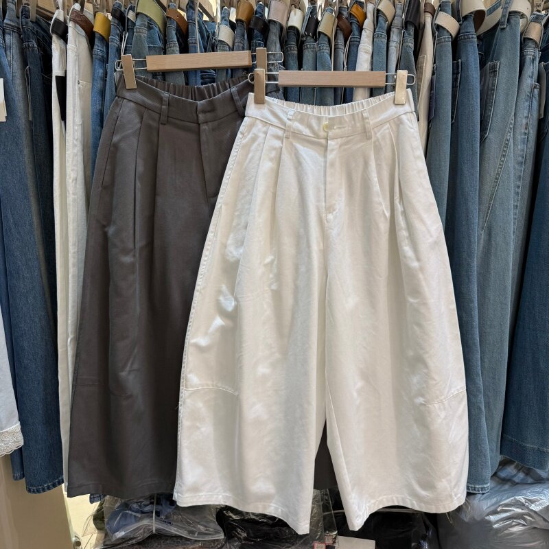 小个子韩系宽松阔腿休闲九分裤女26新款半松紧腰弯刀裤气球裤6116