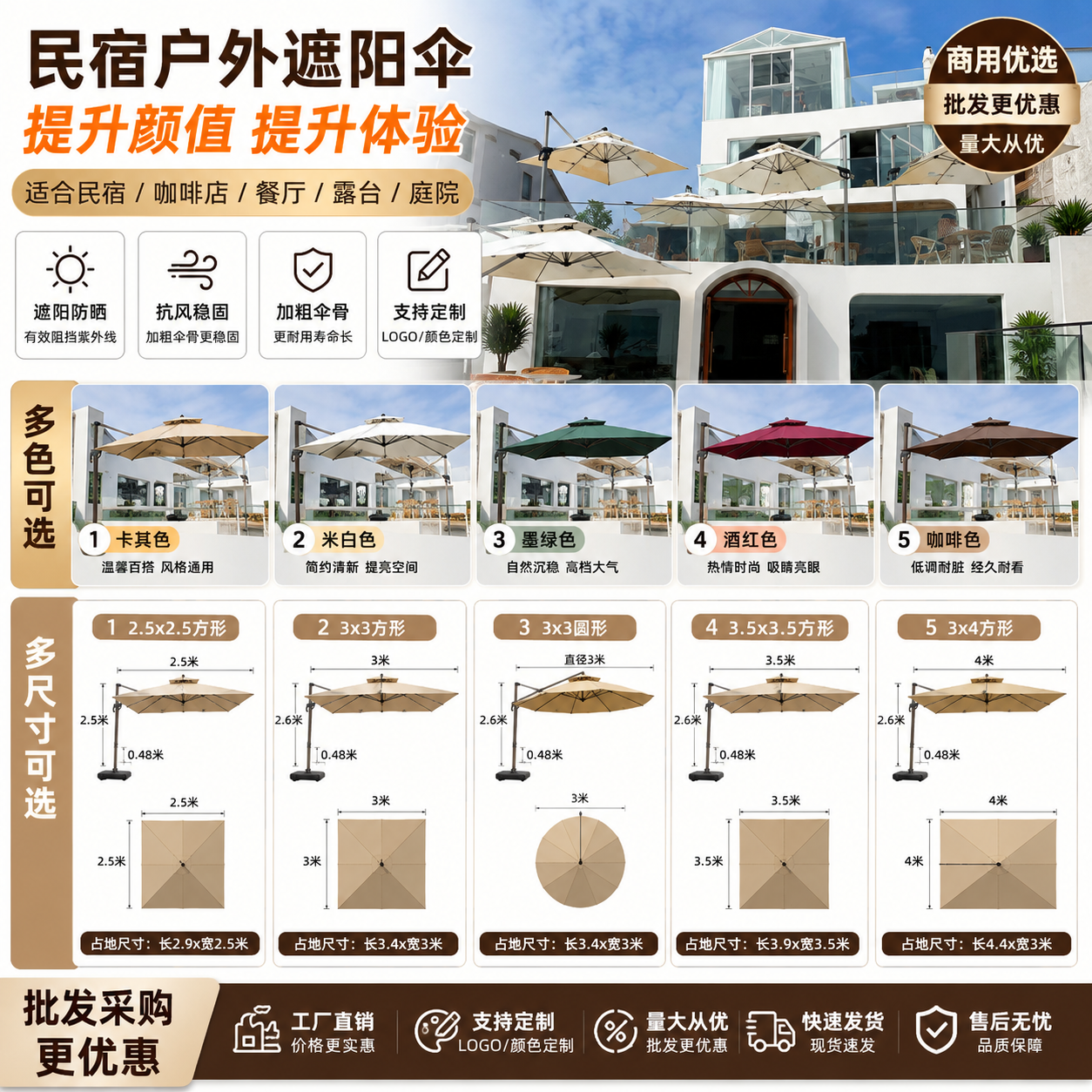 商用户外遮阳伞民宿咖啡店庭院侧边伞多尺寸方形圆形防晒可定制