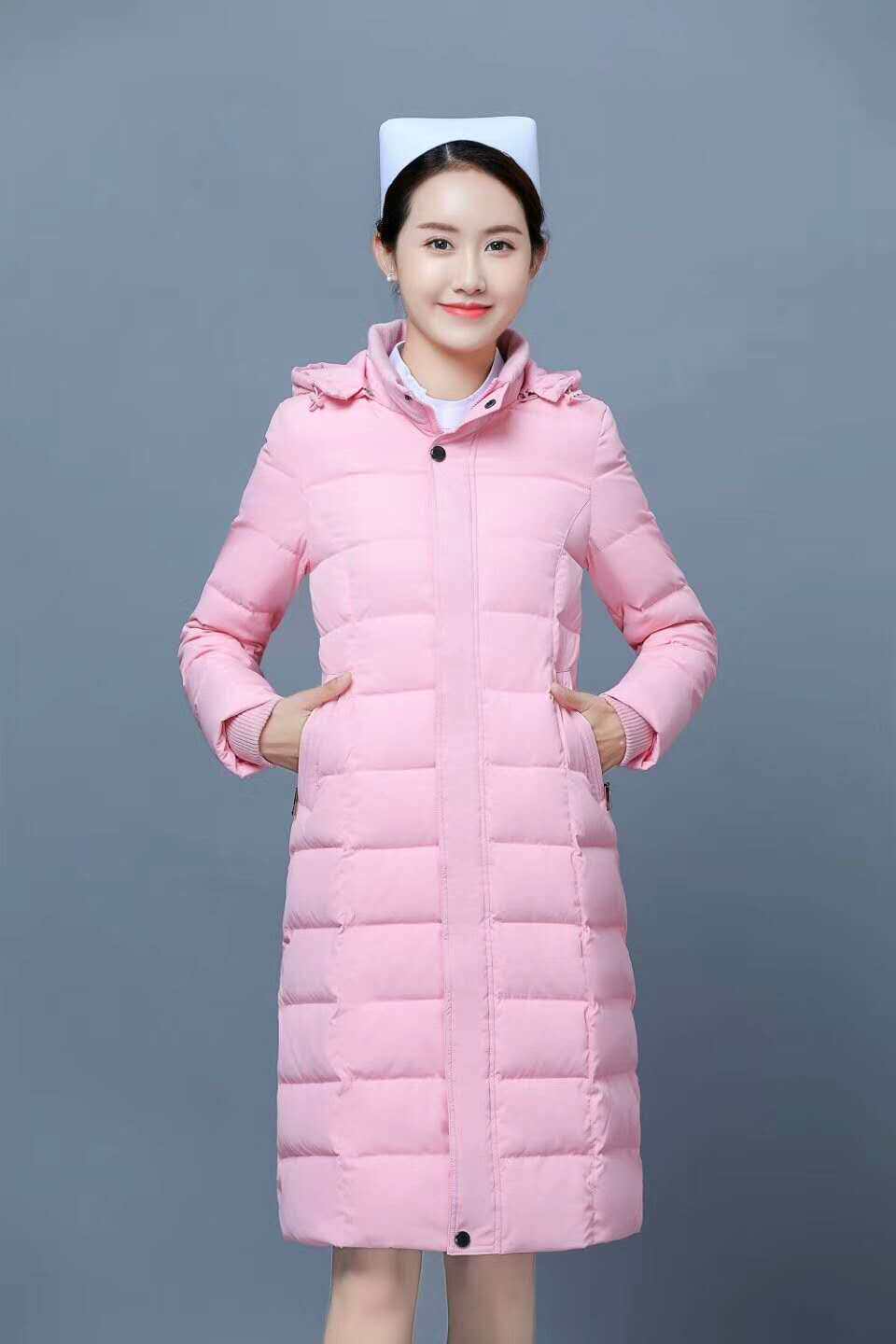 간호사 다운 재킷 면 작업복 긴 겨울 따뜻한 옷 병원 간호사 두꺼운 겉옷 흰색 오리털 후드