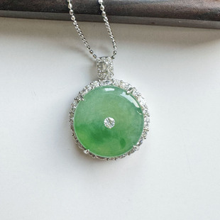 翡翠林缅甸老坑冰种阳绿飘花翡翠平安扣吊坠天然A货925银镶送银链