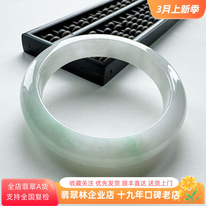 翡翠林 冰透高端白底青翡翠手镯54缅甸天然好种水老坑A货阳绿玉镯