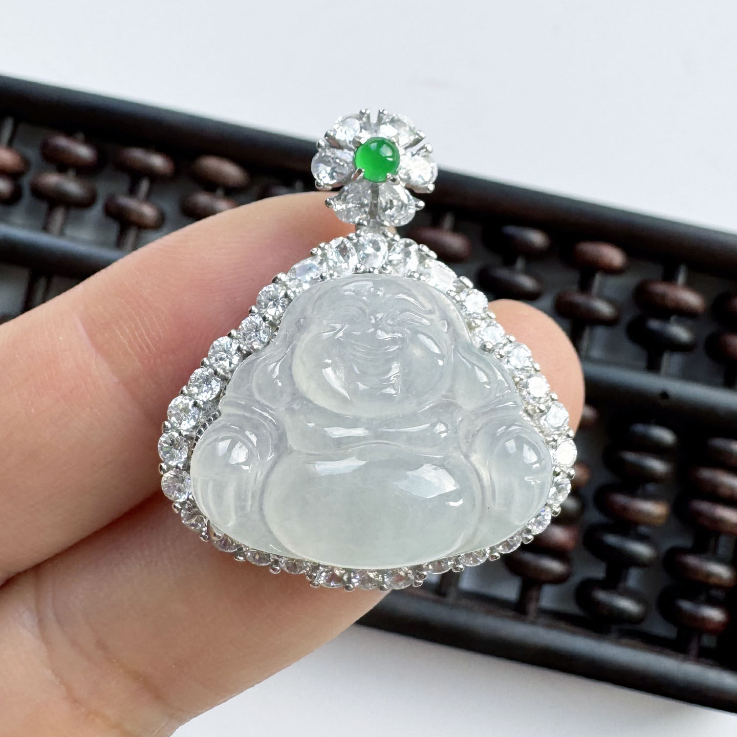 翡翠林 缅甸天然冰种白月光翡翠佛公老坑正品A货笑佛玉吊坠S925银