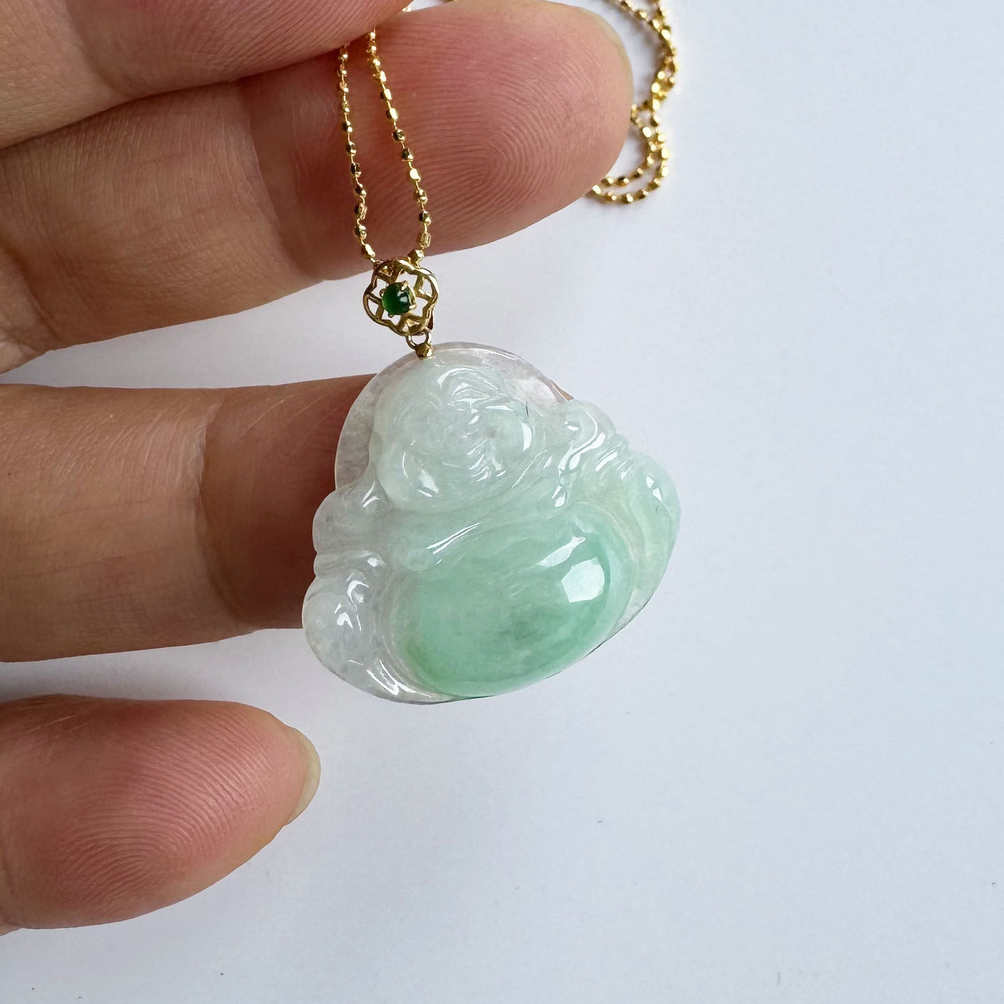 翡翠林 18K金扣头 缅甸天然A货冰种阳绿翡翠佛公锁骨吊坠肚里藏金