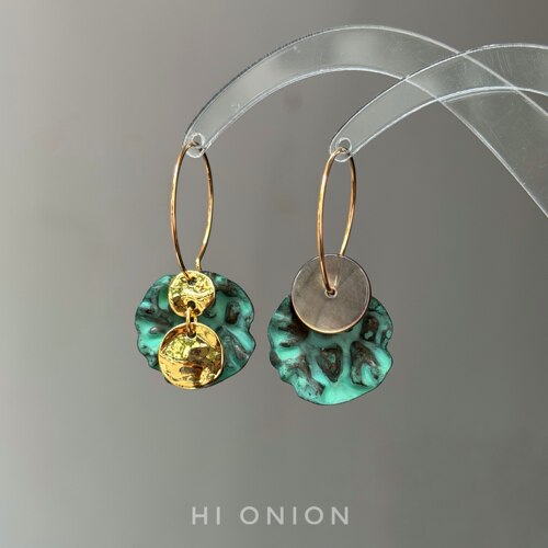 HiOnion《十四行诗》原创小众做旧耳环不对称圆形耳夹复古个性