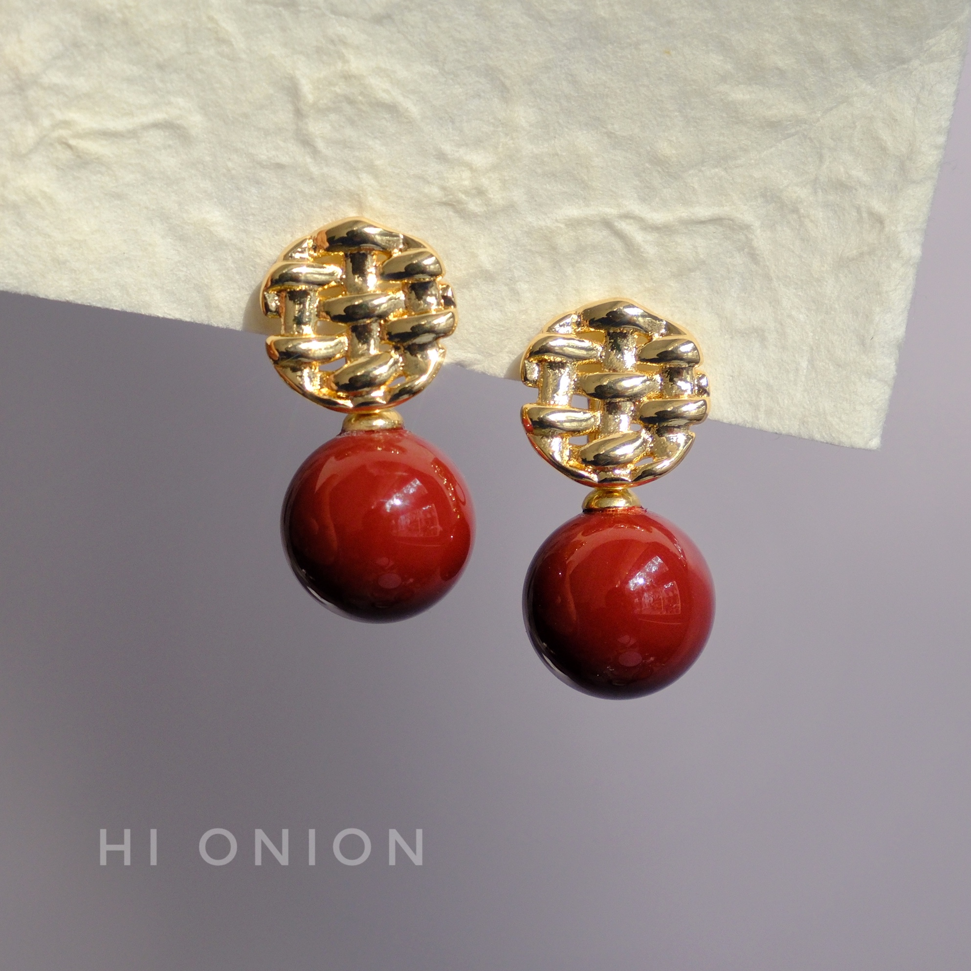 Hi Onion圣诞樱桃派原创小众设计酒红色人造珍珠耳钉耳夹复古个性