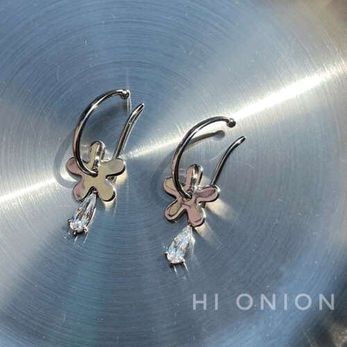 Hi Onion原创小众复古花朵锆石银男女耳环耳挂耳夹个性高级感时髦
